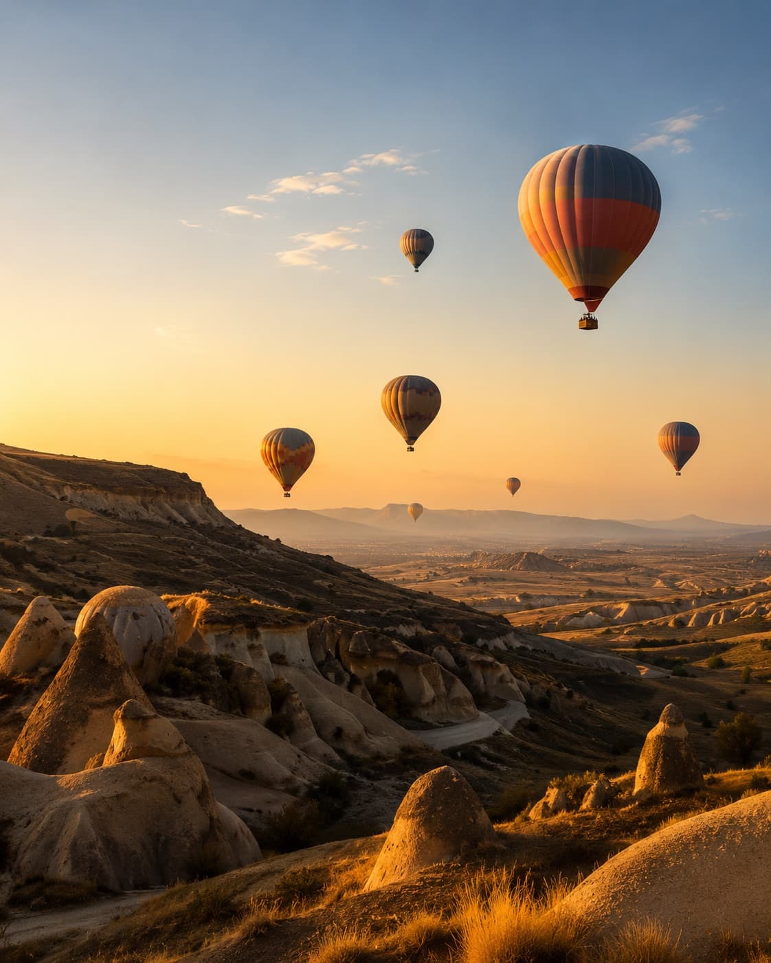Hőlégballonok napkeltében a sziklavölgy felett