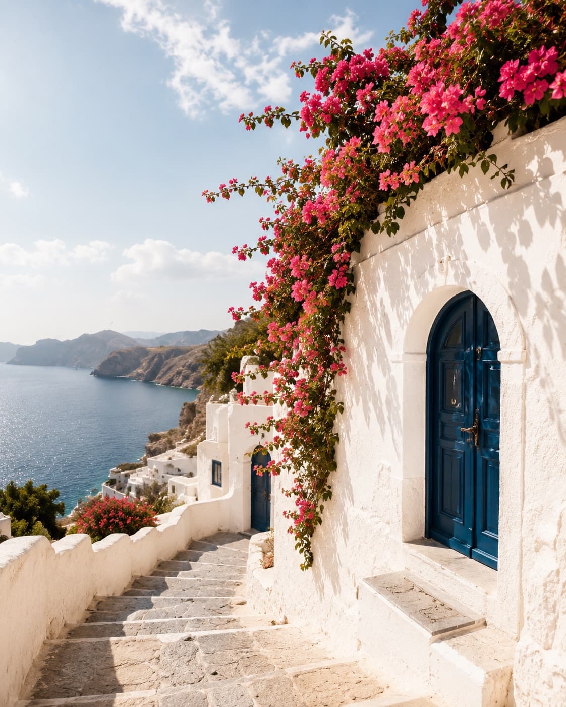 Mediterrán fehér ház kék ajtóval és bougainvilleával