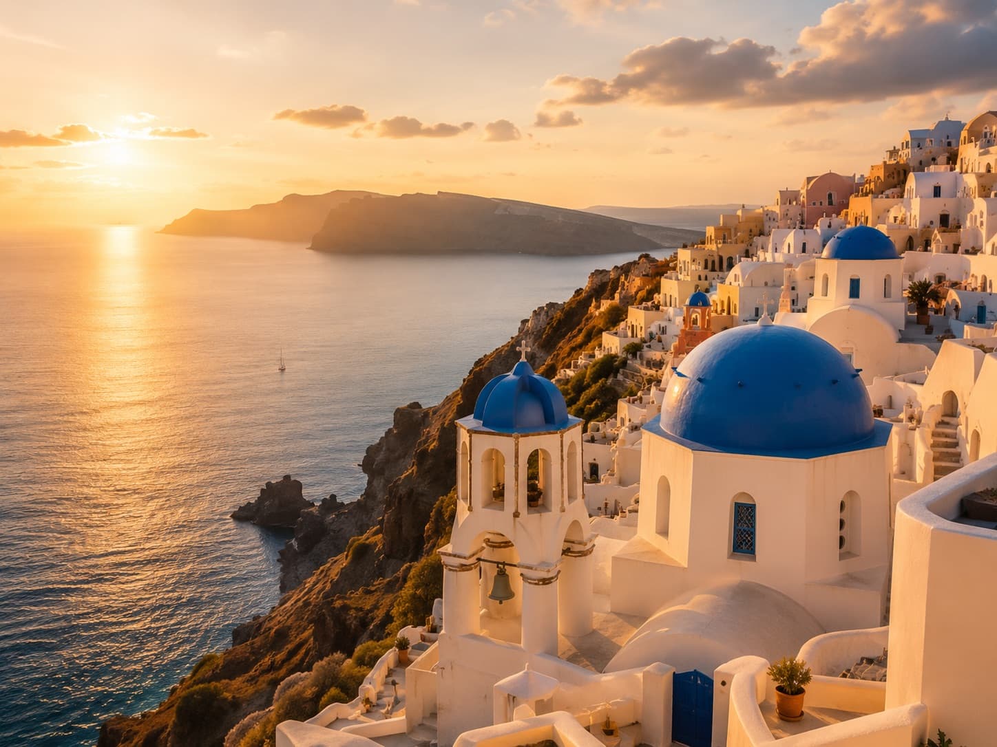 Santorini kék kupolás templomai naplementében