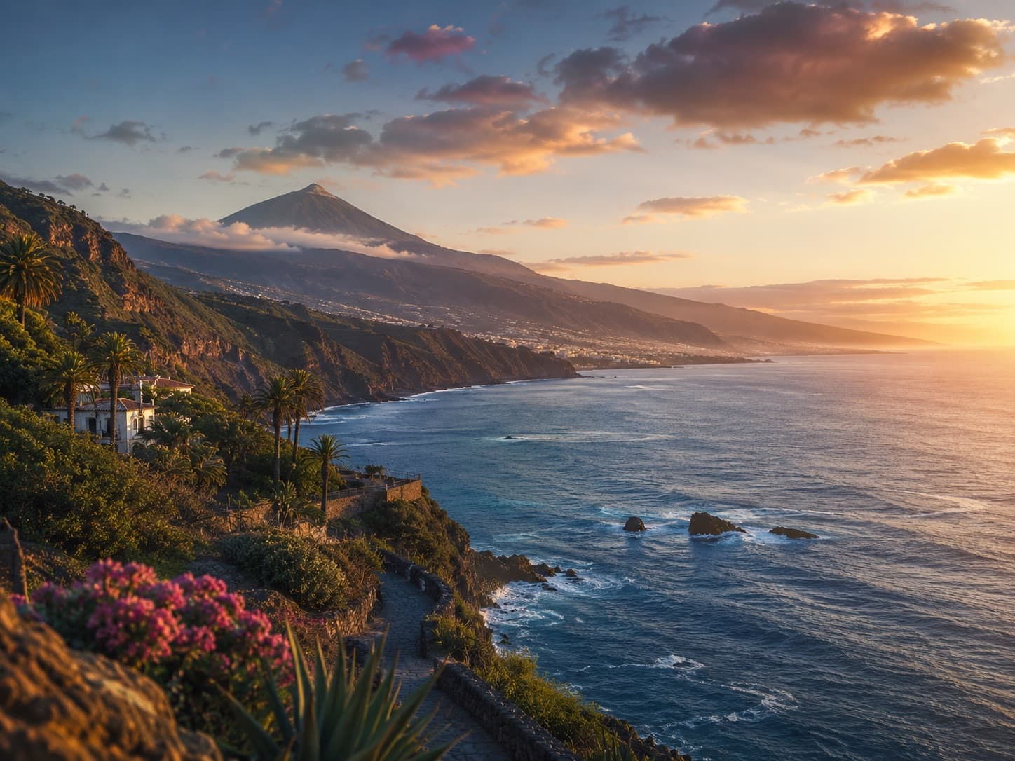 Tenerife tengerparti tája a Teide vulkánnal, naplementében