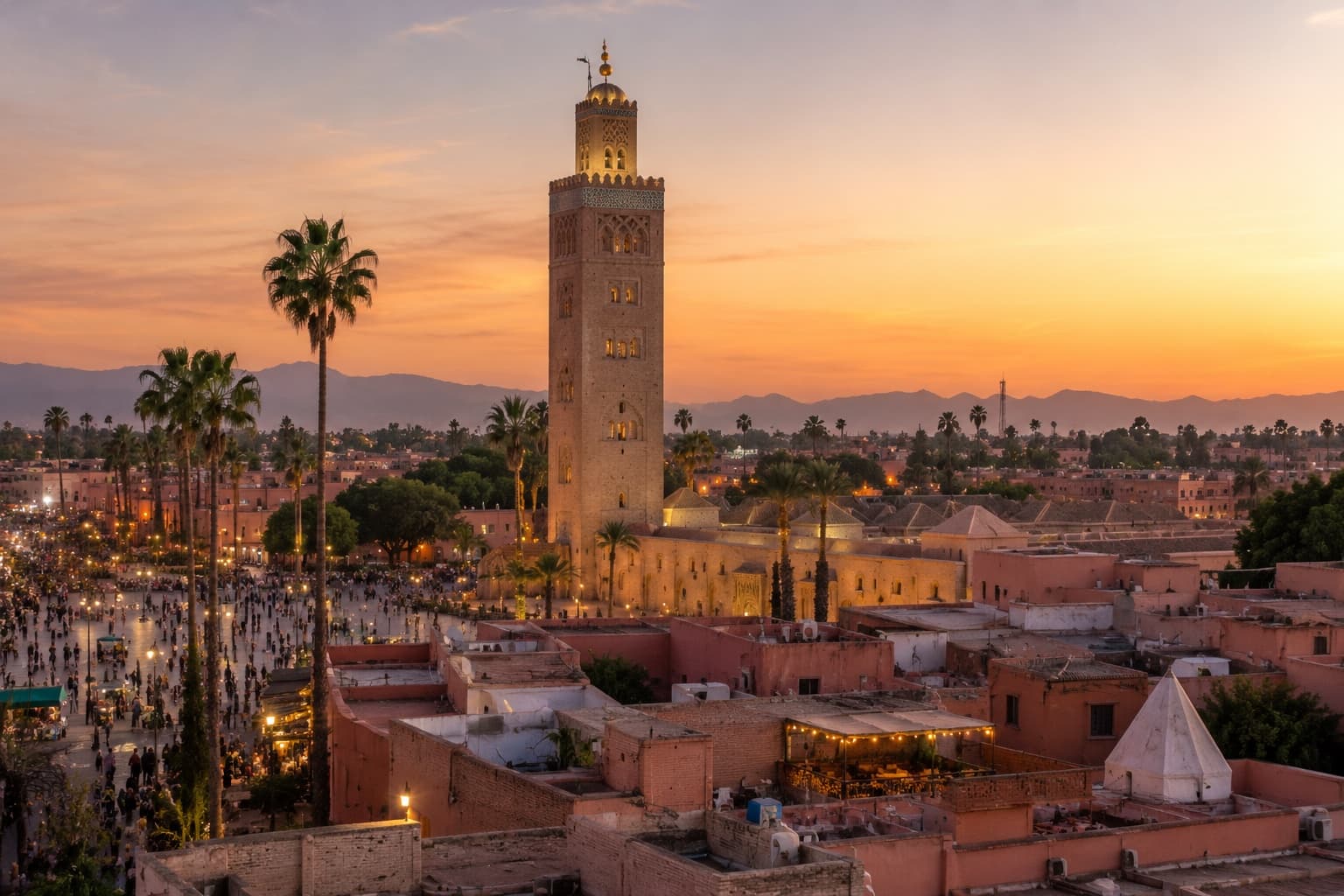 Marrakech óvárosa naplementében, mecsettel