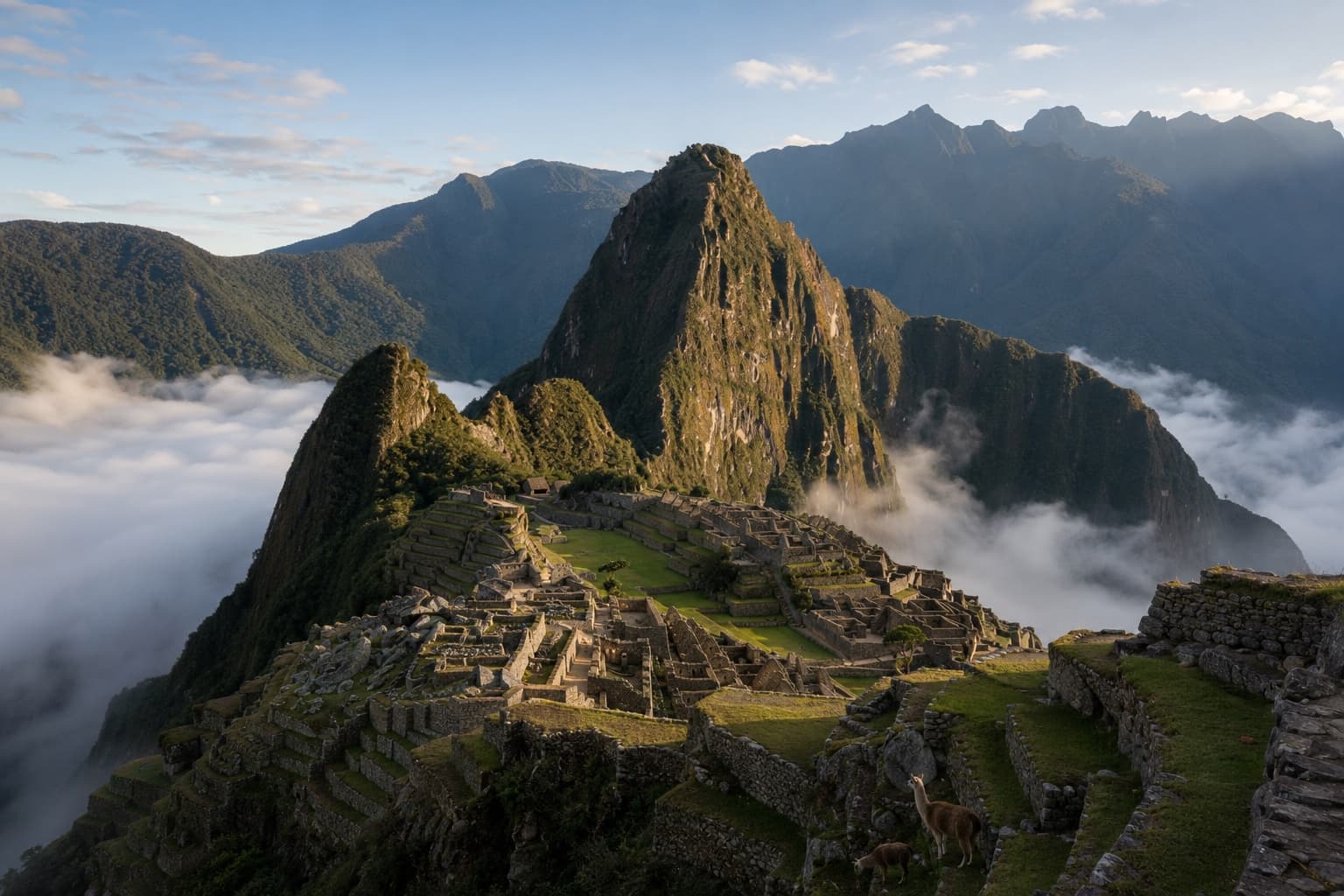 Machu Picchu az Andokban, lámákkal