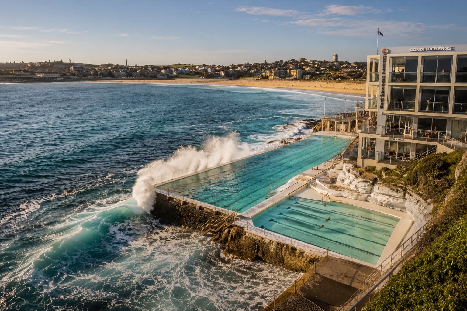Sydney Operaház és kikötői híd a tengerparttal